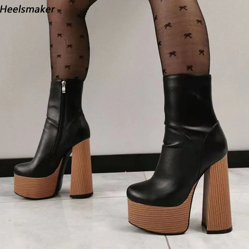 Sukeia Handmade Women Winter Ankle Boots Cork Platform Round Toe Elegant Black Office Ladies Shoes Plus US 5-15