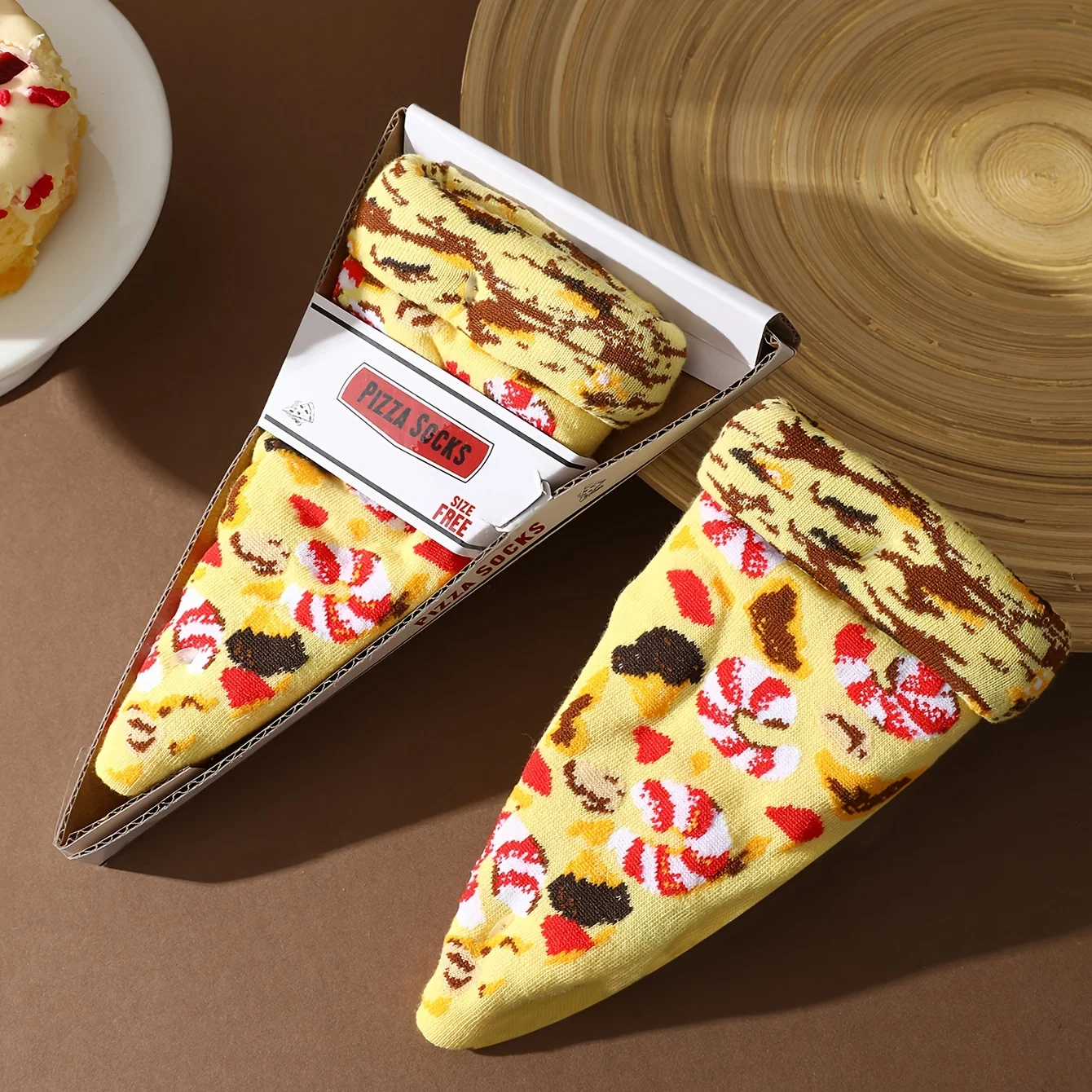 A pair of unique colorful pizza patterns men and women giving friends gift socks for four seasons on the eve of Halloween