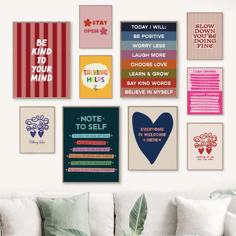 Frameless Be Kind to your mind Mental Health Psychology Wall Art Canvas Posters Quotes Prints Wall Picture for Therapy Office De