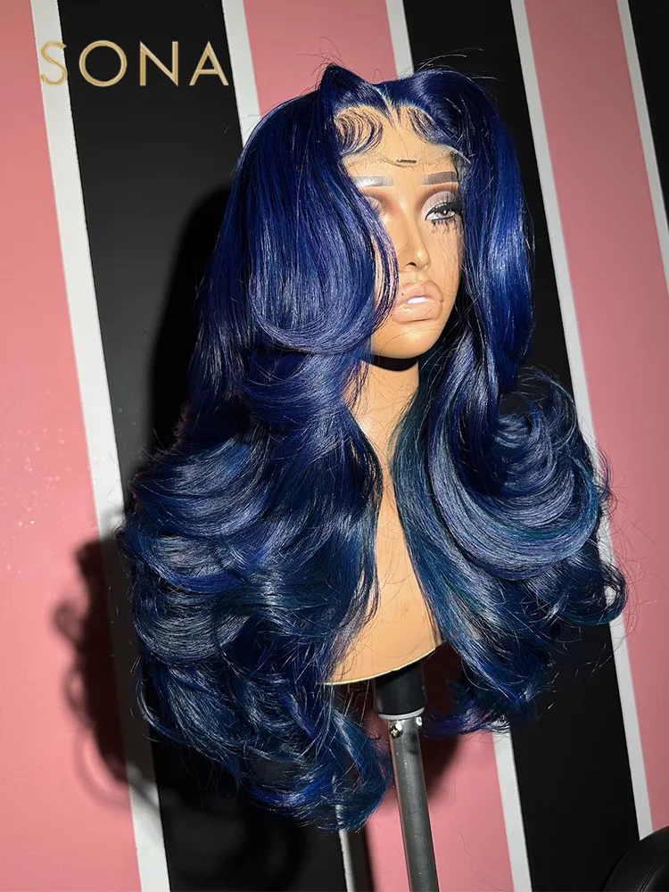 Navy Blue 13x6 HD Transparent Lace Frontal Wig Pre Plucked Blue Lace Front Colored Body Wave Human Hair WIgs