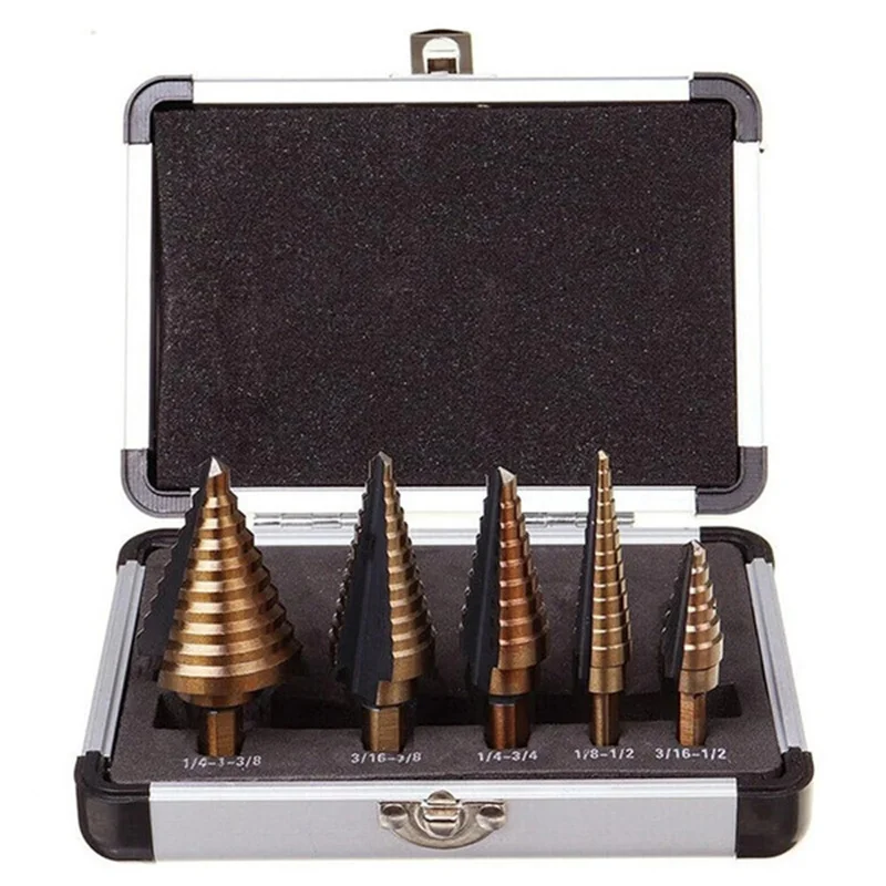 Stufenbohrer-Öffnungswerkzeug 5-teiliges Aluminium-Box-Set Hochgeschwindigkeits-Bohrer ​ ​ Stahl-Metall-Pagoden-Bohrer für Zentrierbohrungen – Detail 3