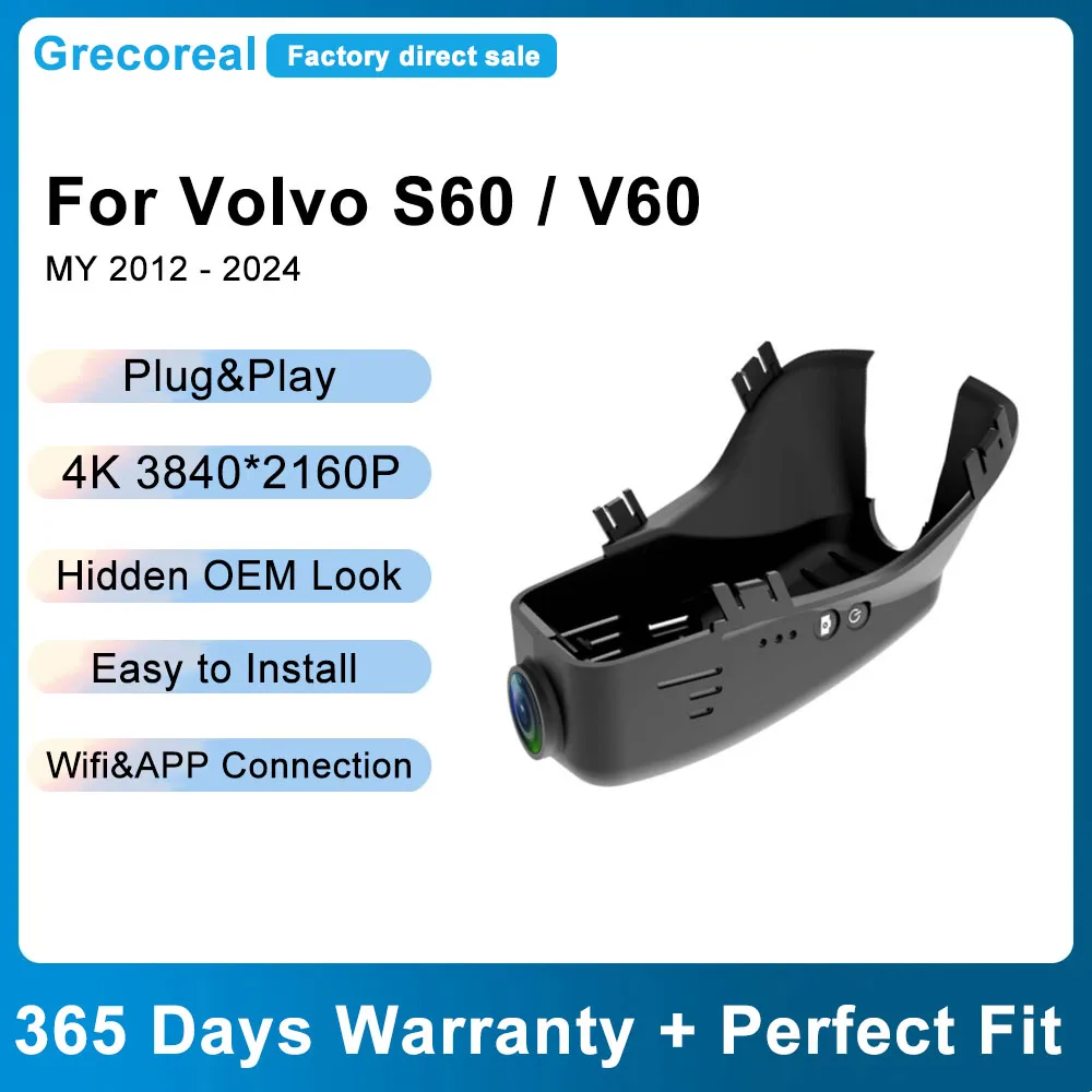 Grecoreal Auto Car Recorder Dashcam Front and Rear 4K Wifi Plug Play Easy Install Car Dash Cam Compatible for Volvo S60 V60