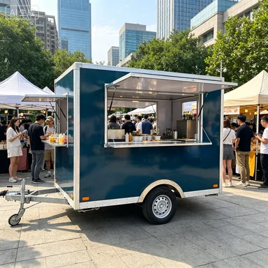 Dark Blue Mobile Food Trailer Commercial With Serving Window Awning For Night Market Street Food Startup Business