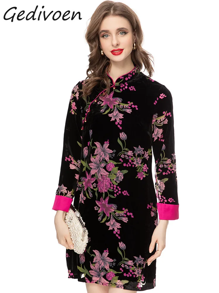 

Gedivoen Autumn Fashion Runway Floral Print Vintage Dress Women Stand Collar Long Slleve Button High Waist Slim Mini Short Dress