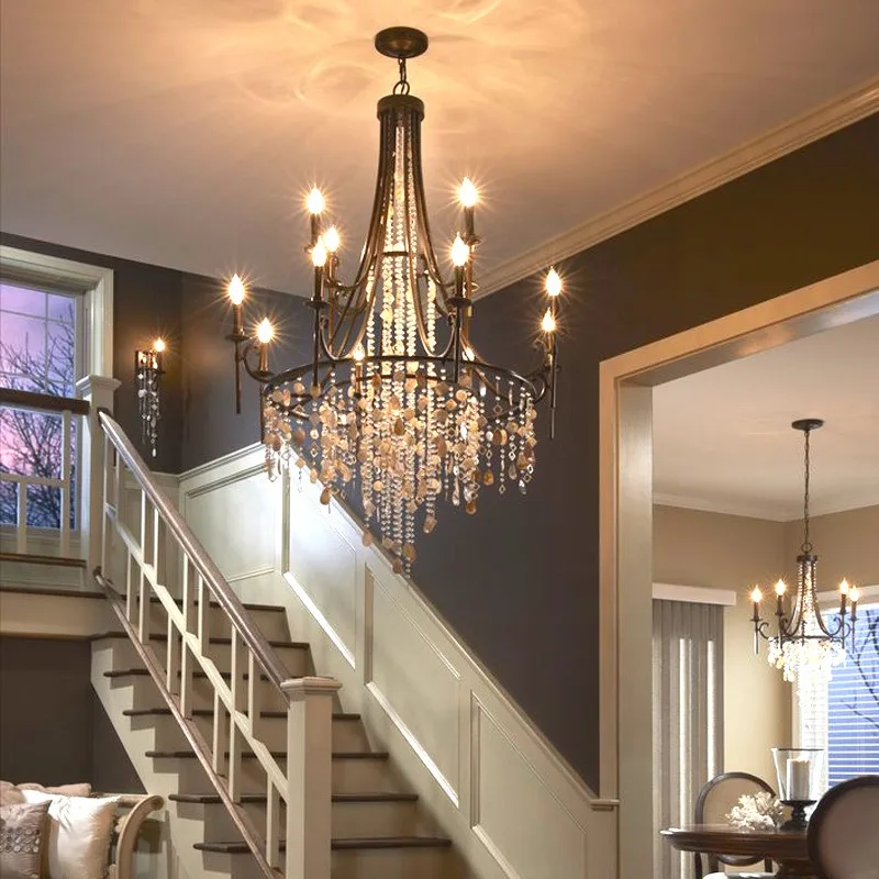 Creative American duplex floor crystal chandelier retro French villa living room stairs