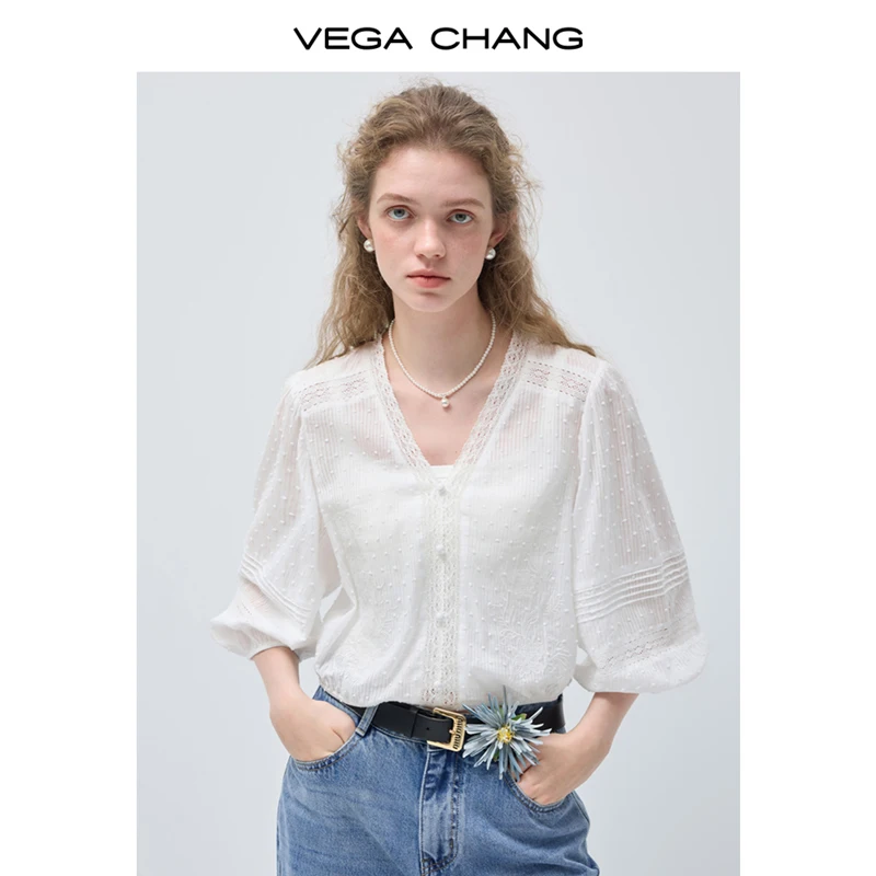 

Vega Chang Spring and Autumn New Women's Pure Cotton Shirt with Hollow Lace Splicing Top
