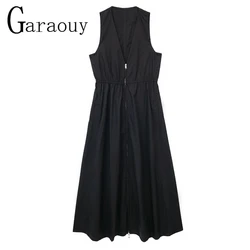 Garaouy 2023 Summer Women Tooling Style Zip Vest Midi Dress Femme Sleeveless Waist Long Cardigan Dresses Y2k Streetwear Mujer