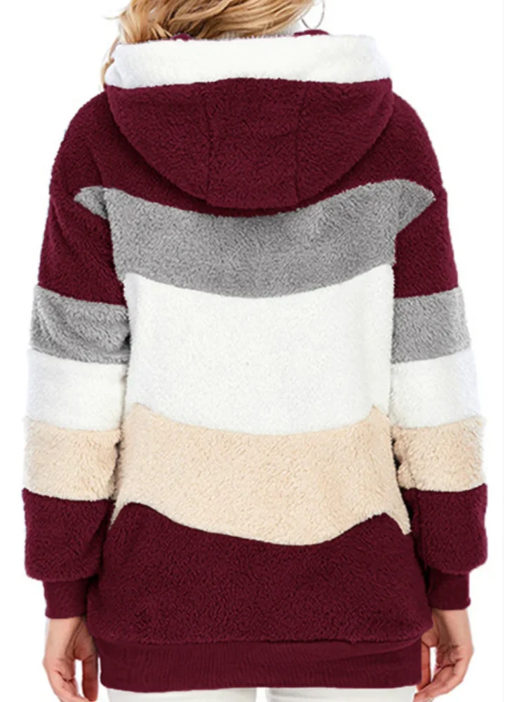 Winter Women's Red Plaid Hooded Coat, Thick Fleece-Filled Street-Style Loose Zipper Wool Coat
