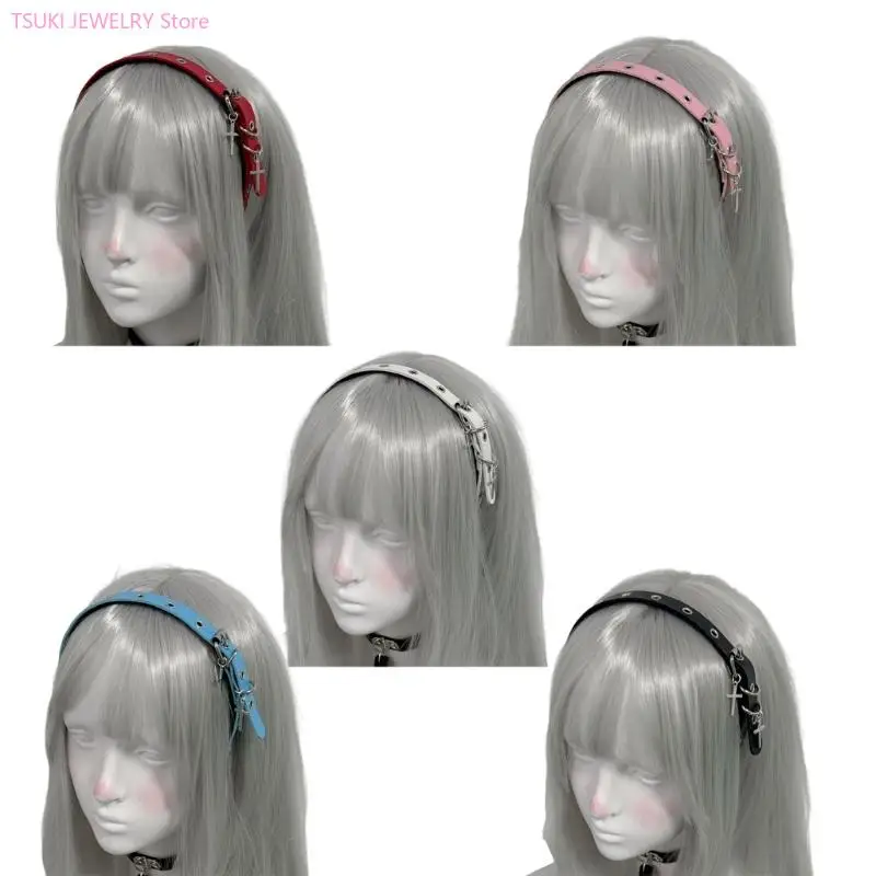 

62KE обруч для волос из искусственной кожи в стиле панк-крест для женщин, аксессуар в стиле 2000-х годов из ПУ в стиле гот