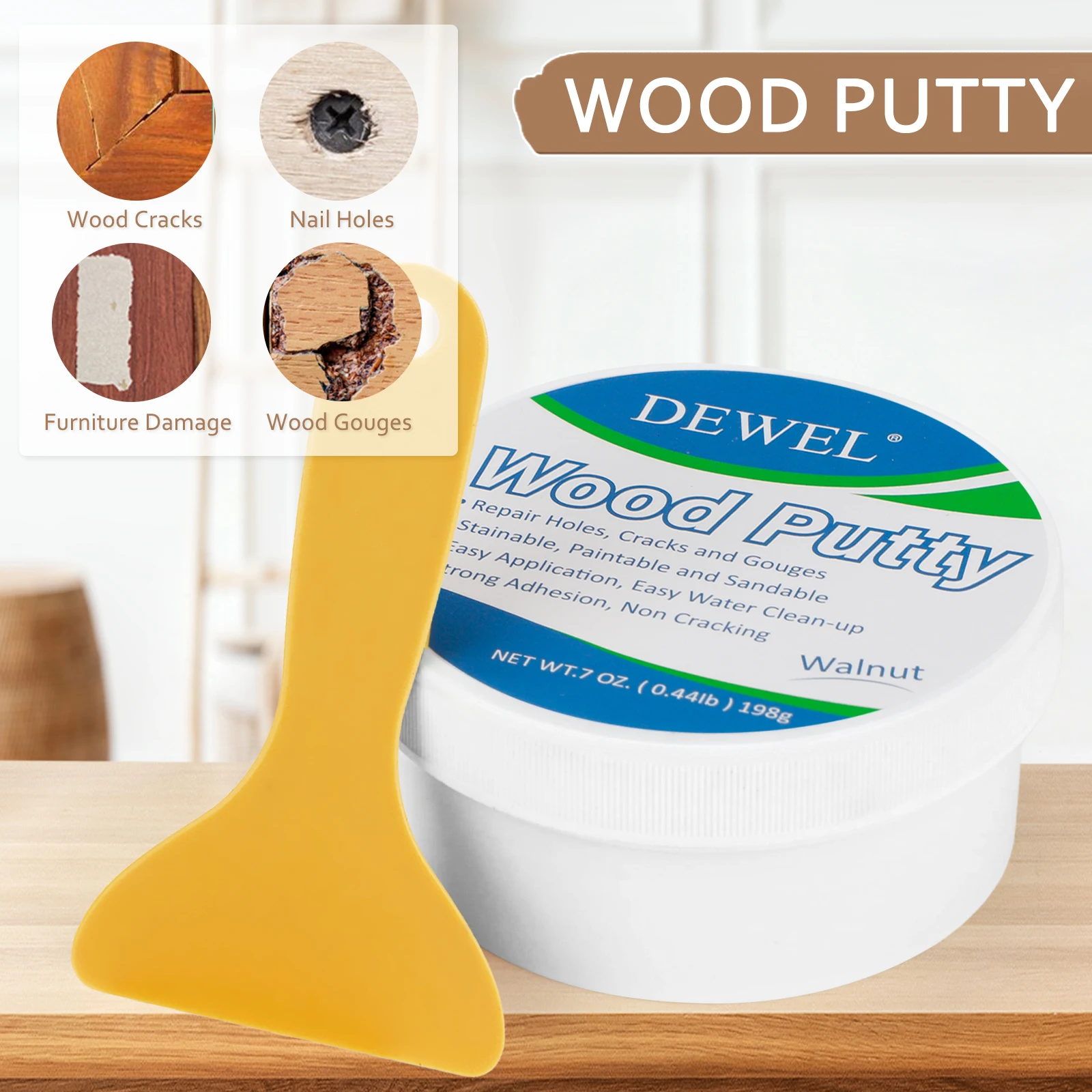 Wood Putty, White Wood Filler, New Upgrade Wood Putty Filler Paintable, Stainable, Sandable, Wood Furniture Repair Kit Quick