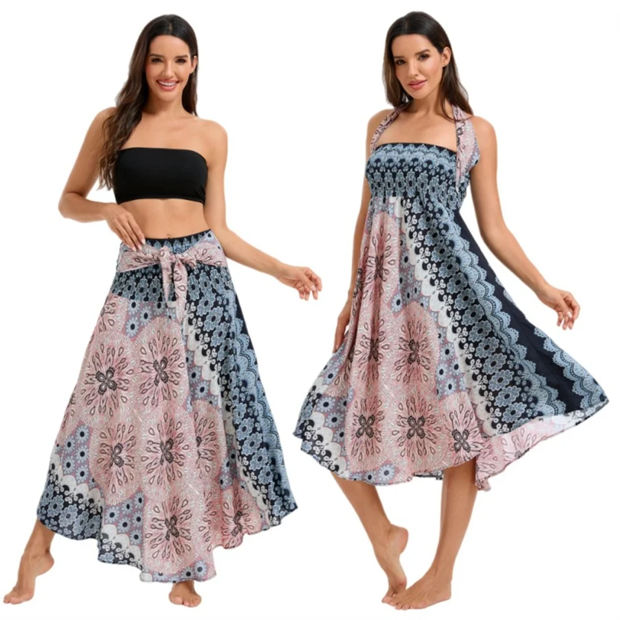 Damen Boho-Kleid aus Rayon, Atmungsaktiv, Weich, Sommerliches Bohemian Langes Kleid, Strandkleidung, Urlaub, Elastische Taille, Bandage-Neckholder, Hippie-Kleid – Detail 3