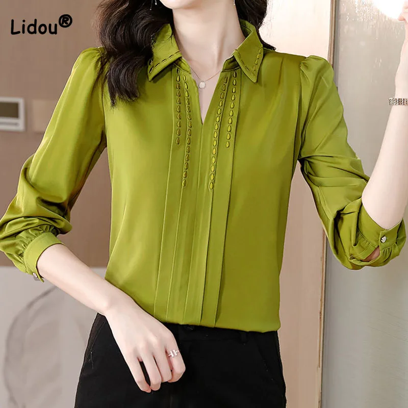 

Simplicity Fashion Polo-Neck Solid Color Blouse Office Lady 2023 Spring Elegant Chic Spliced Long Sleeve Shirt Women's Clothing