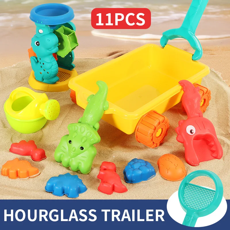 Ensemble de jouets de plage pour enfants, chariot à pousser dinosaure, creuser du sable et jouet d'eau, seau de plage, pelle à sablier, outil de jeu de sable de plage 12 pièces/ensemble
