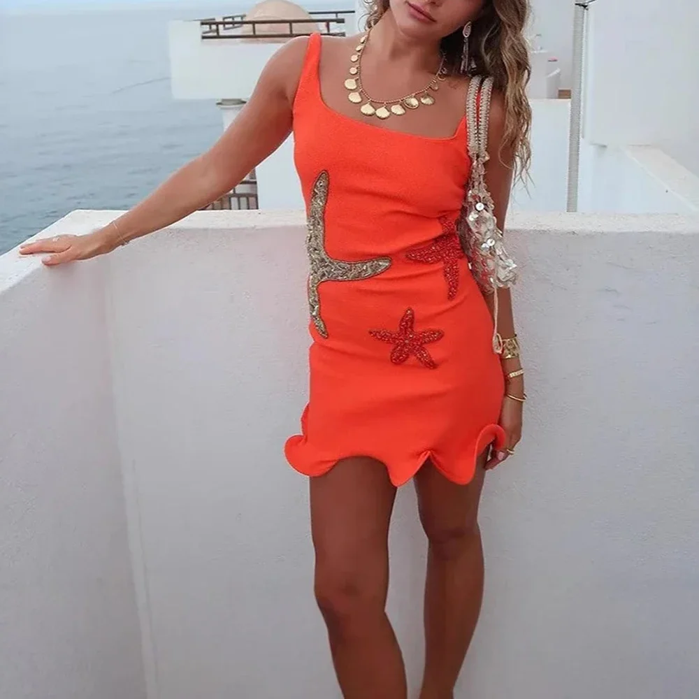 ชุดเดรสฤดูร้อนเก๋ Hotsweet Appliques แขนกุดสแควร์คอมินิปาร์ตี้ Cami ชุดเดรสสําหรับสตรี