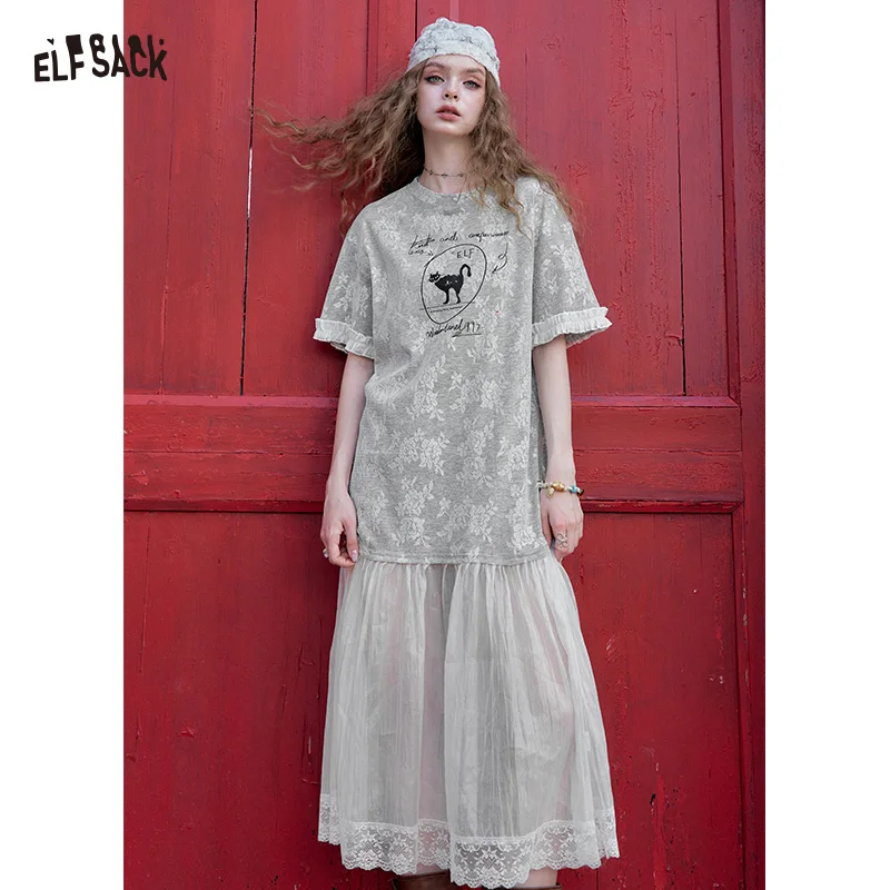 

ELFSACK Cat Print Two-Piece T-Shirt Dress for Women, Casual Floral Tee with Sheer Tulle Skirt, Kawaii Midi Dress for Summer