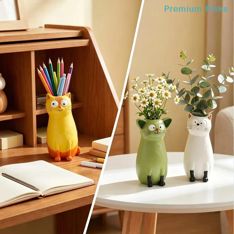 portableResin Kitten Vase Cute Quirky Cat Shaped Flower Holder Desktop Decorative Ornament for Home Office Gift