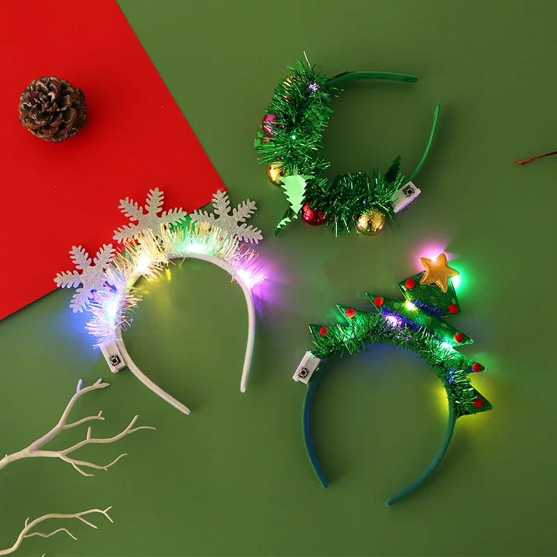 Christmas Hair Hoop Illuminated Cane Headband Christmas Tree Hair Ornaments With Lights Deer Antlers Glitter Head Costume Props