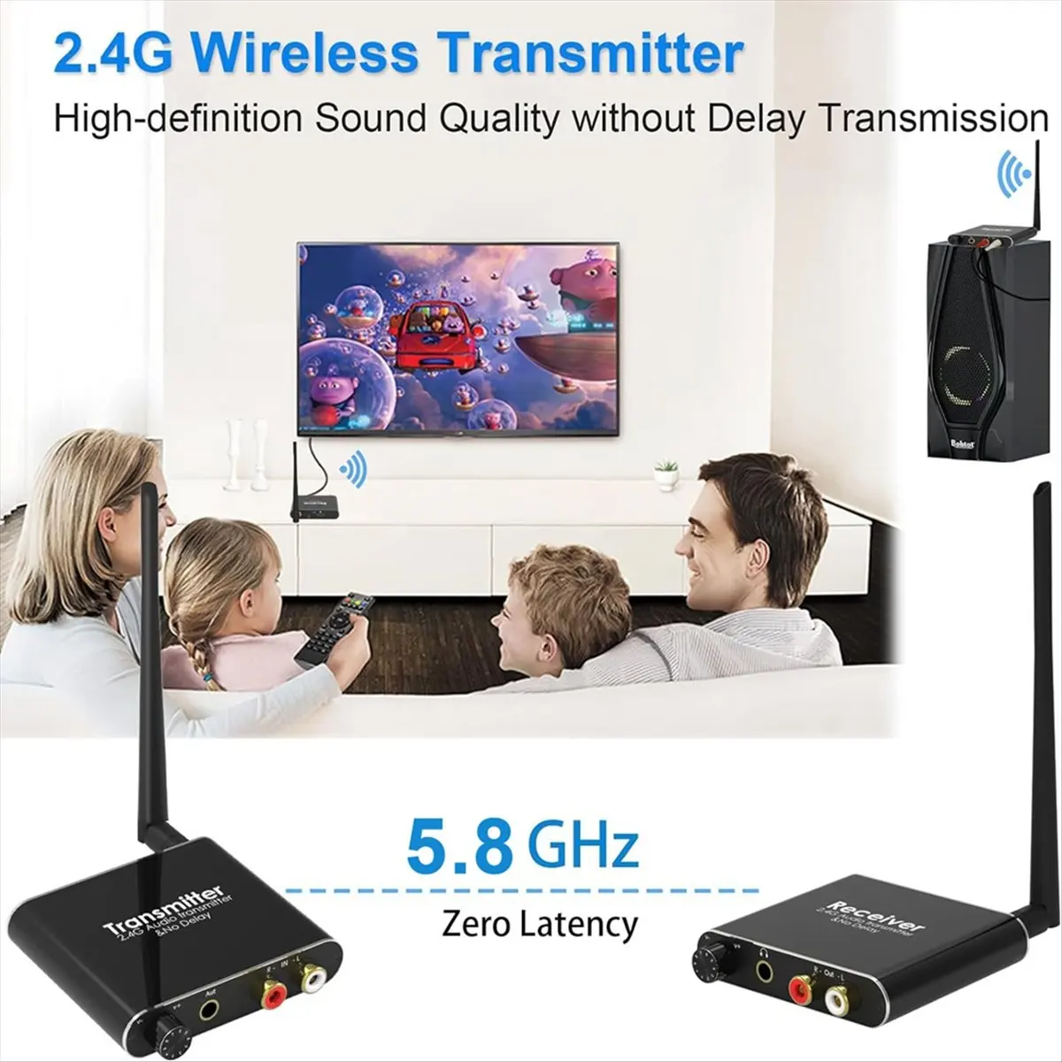 

A23G Wireless Audio Transmitter and Receiver 50M 5.8G Wireless Audio Adapter with 3.5mm R/L Converter for TV Box DVD PC