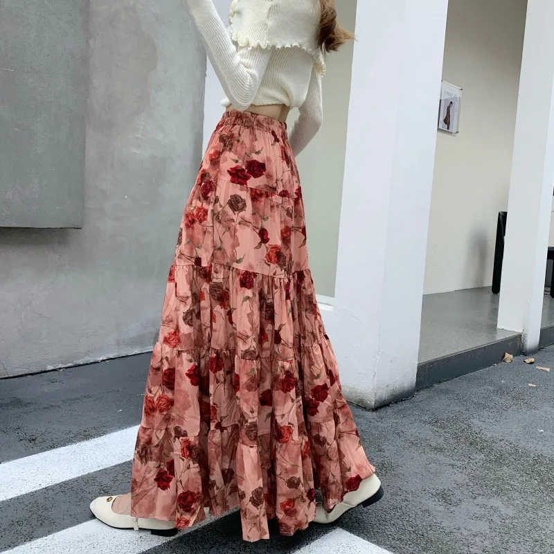 Vintage Art Rose Print Red A-line Skirt Women Spring Elastic Multi-layer Ruffle Cake Skirt Korean Elegant Aesthetics Midi Skirt