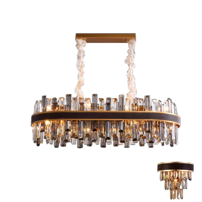Smoky Grey Chandelier With Crystals Led Luxury Leather Pendant Light Dimmable Home Decor Exquisite Lustre For Living Room