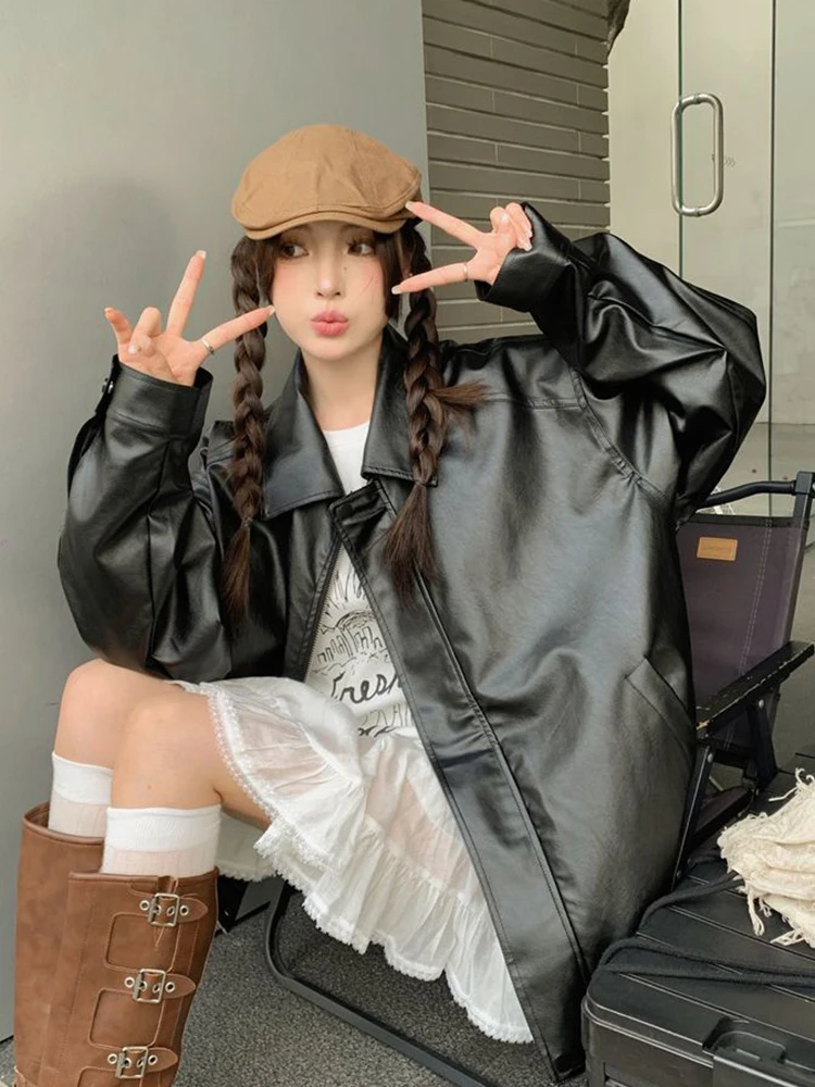 سترة نسائية من البولي يوريثان بتصميم عتيق لراكبي الدراجات النارية الأمريكية ملابس خروج فضفاضة بأكمام طويلة معطف هاراجوكو لخريف وشتاء ملابس علوية نسائية غير رسمية عالية الجودة جديدة #6