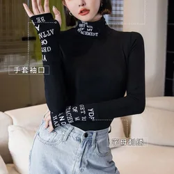 Women's Autumn Winter New Fashion Half High Neck Letter Print Casual Versatile Long Sleeved Slim Fit Plush Thick T-shirt Tops