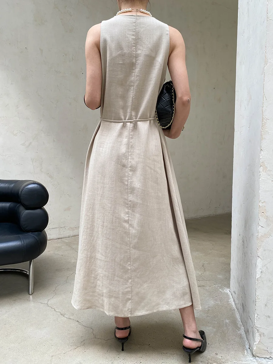 Frühlings- und Sommerkleid für Damen, lässig, einfarbig, V-Ausschnitt, Bohemian-Stil, bestickter Bund, ärmellos – Detail 6