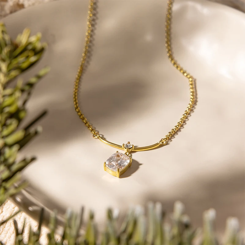 Silver Tone Smile Necklace with Emerald-Cut Moissanite Copper Adjustable Chain Statement Jewelry for Daily & Casual Wear