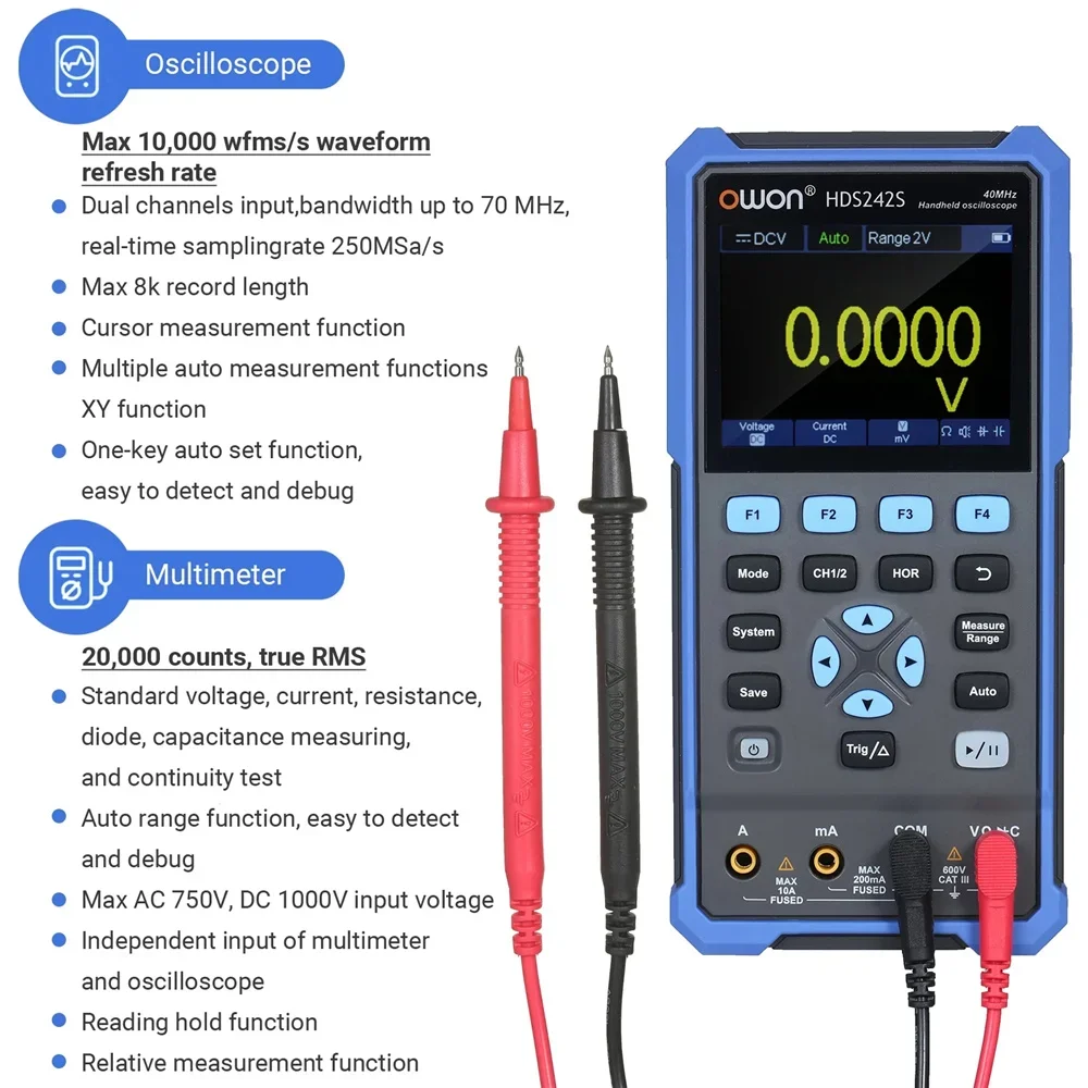 OWON HDS242/HDS242S /HDS272/HDS272S 2-CH Handheld Oscilloscope Multimeter Waveform Generator 40/70MHz 3-in-1 Multifunctional Tes