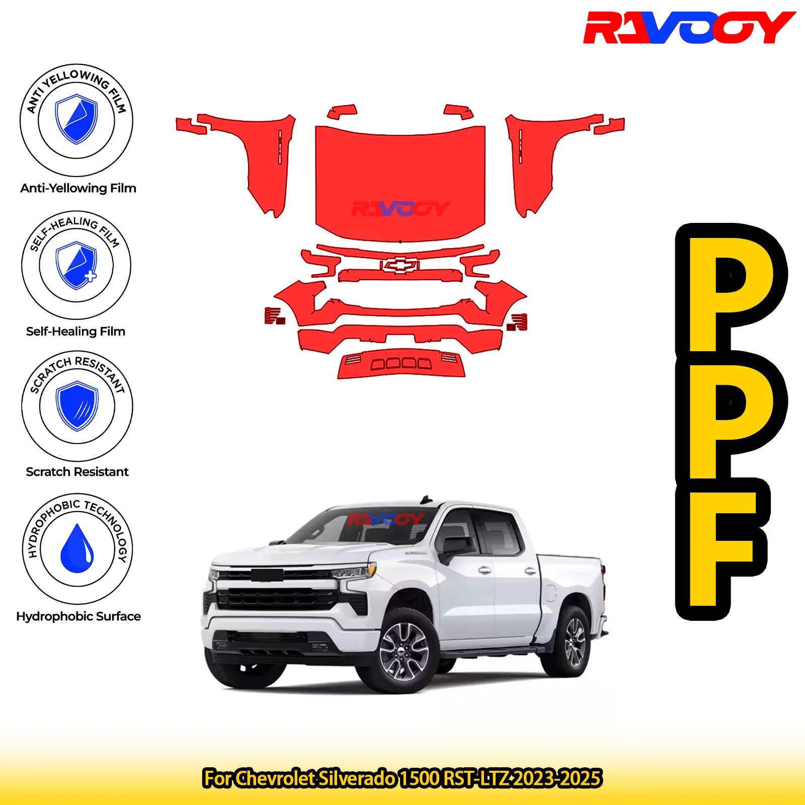 

For Chevrolet Silverado 1500 RST-LTZ 2023-2025 Glossy Matte Black Precut front PPF Kit Paint Protection Film