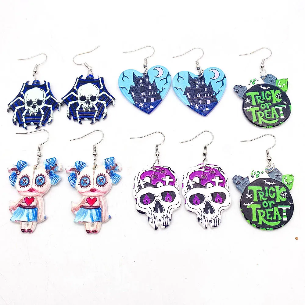 Europe America Multi Colored Printed Acrylic Various Forms of Skeletons, Pumpkin Ghost Earrings UNISEX Halloween Party Earrings