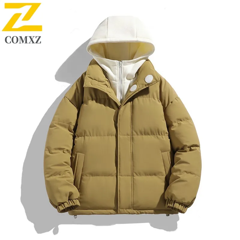COMXZ Winter Couple Cotton Coat Casual Puffer Jacket Thick Color Block Fake Two Piece Hooded Men Quilted lightweight windbreaker
