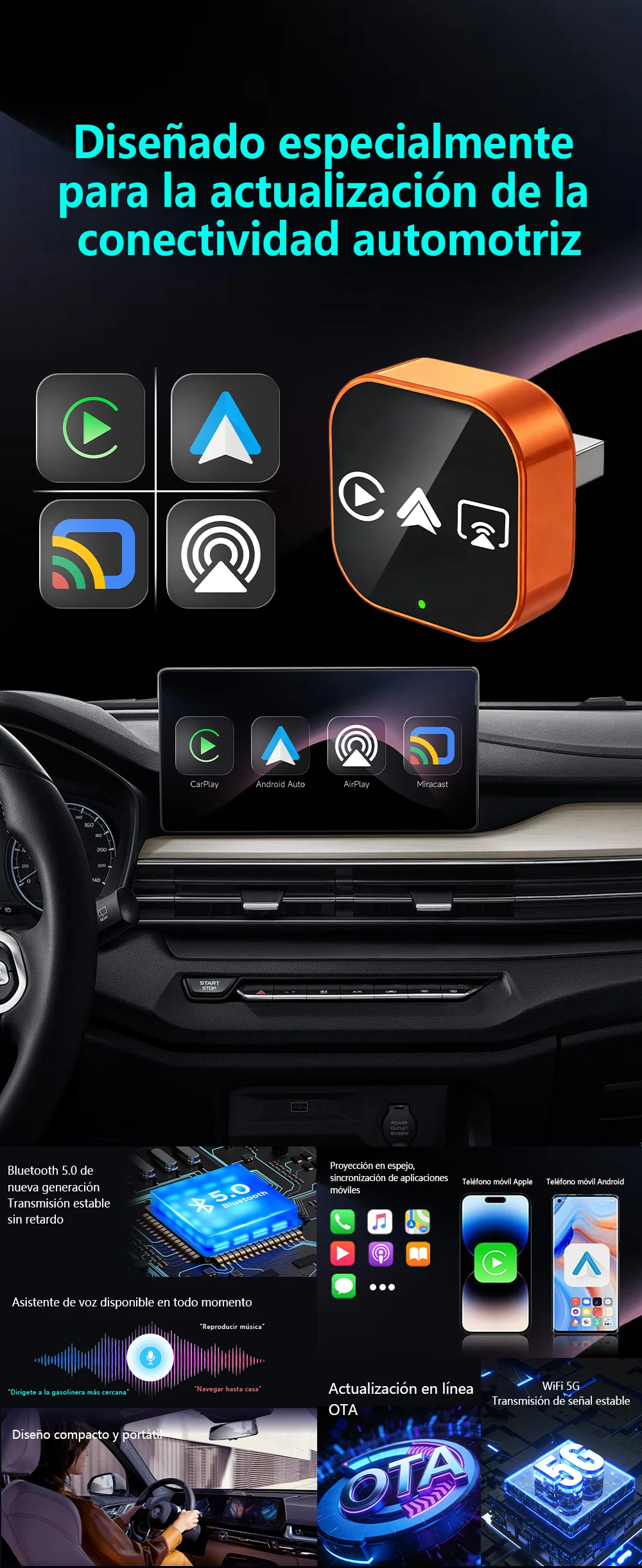 4-in-1 Kabelloser Carplay-Adapter, Multifunktions-Dongle für Carplay/Android Auto/Airplay/Mirror Link, Plug-and-Play WLAN 5GHz Kompatibel mit 98% aller Autos mit Original-Carplay ﻿ – Detail 4