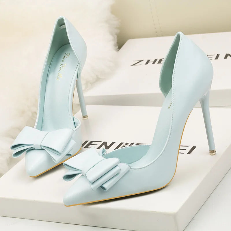 Sweet Bow High Heels Stiletto High Heels Shallow Mouth Pointed Side Hollow Luxury Designer Heels Party Shoes Woman 2023