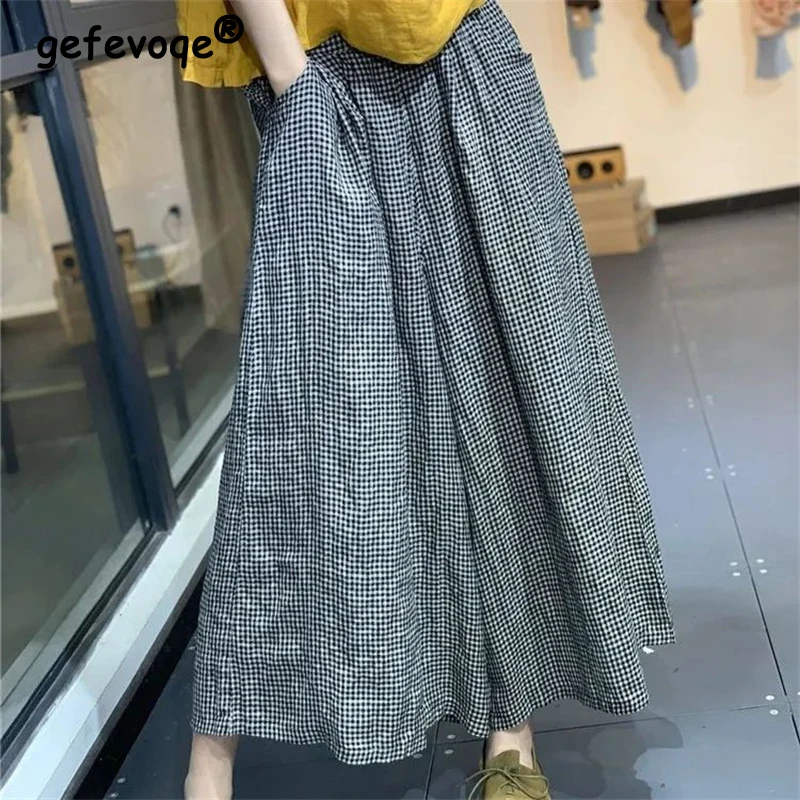 Damskie ubrania Vintage modne nadruk w szkocką kratę Oversize z bawełny lniane spodnie z szerokimi nogawkami damskie letnie Harajuku z wysokim