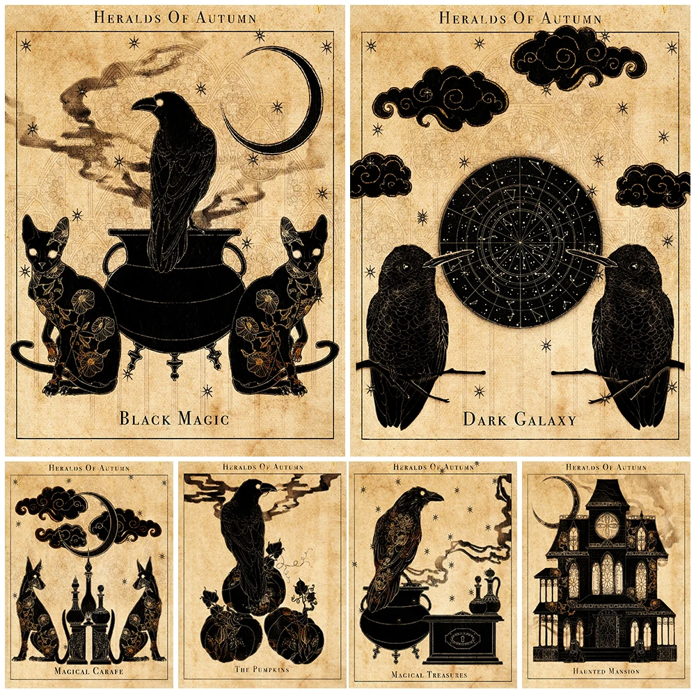 

Haunted Mansion And Black Magic Vintage Wall Art Canvas Painting Crow And Black Moon Wicca Art Poster And Print Home Decoration