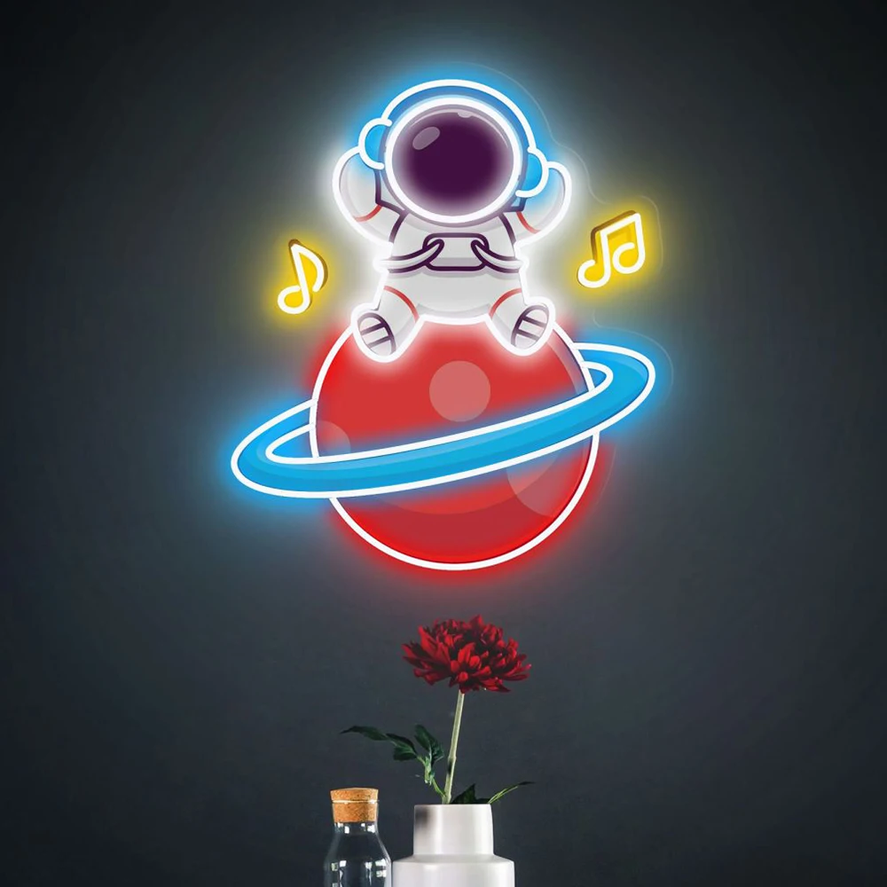 Music Astronauts Sitting On Planet Led Neon Sign Gaming Room Bedroom Wall Art Decor Custom Aesthetic Neon Signs for Kid's Gifts