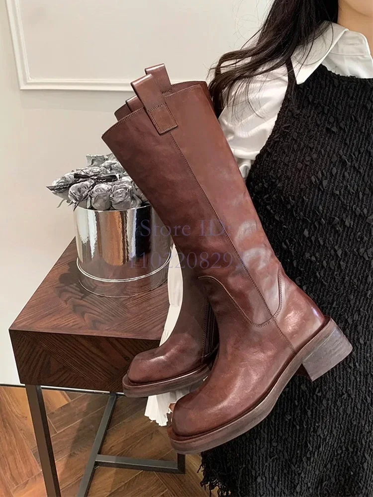 Vintage Brown Washed Leather Boots Square Toe Side Zipper Knee High Boots 2026 Fashion New Women Block Low Heel Riding Shoes