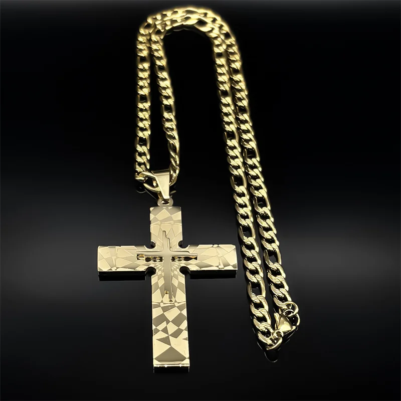 Punk Big Jesus Cross Necklace for Men Women Stainless Steel Gold Silver Color Figaro Chain Biker Jewelry Boy Friend Gift Jewelry image 3