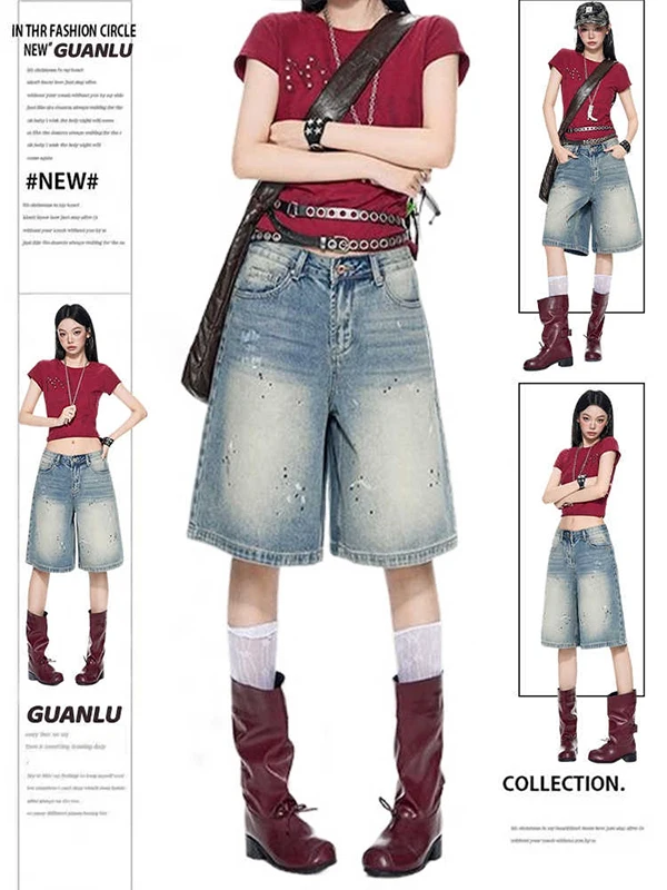 

Retro American Distressed Dyeing Five-Point Denim Shorts Women Summer New High Waist Loose Wide Leg 5 Shorts Casual Style