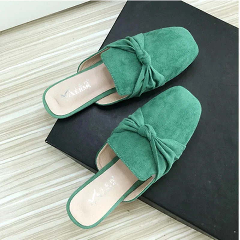 Women Designer Sandals Flat With Slides Flock Square Toe Bow-Knot Shoes Outdoor Summer Slip-Ons Green Leopard Printed Vintage 46