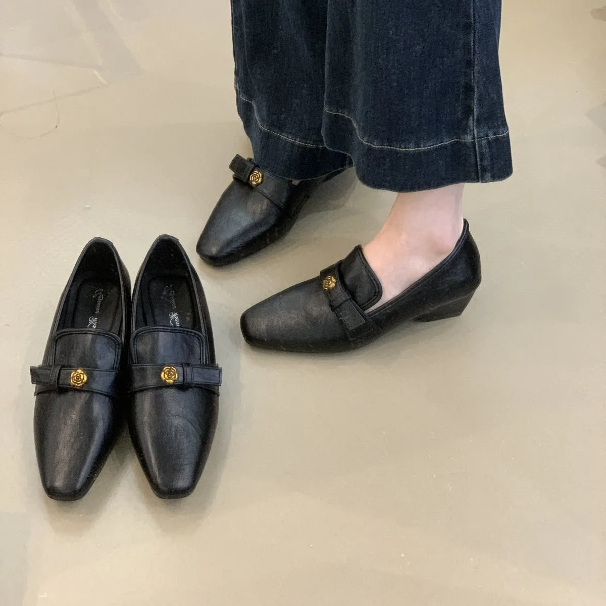 

Удобные французские винтажные лоферы из воловьей кожи с глубоким вырезом и камелией, маленькие кожаные туфли без шнуровки ранней осени