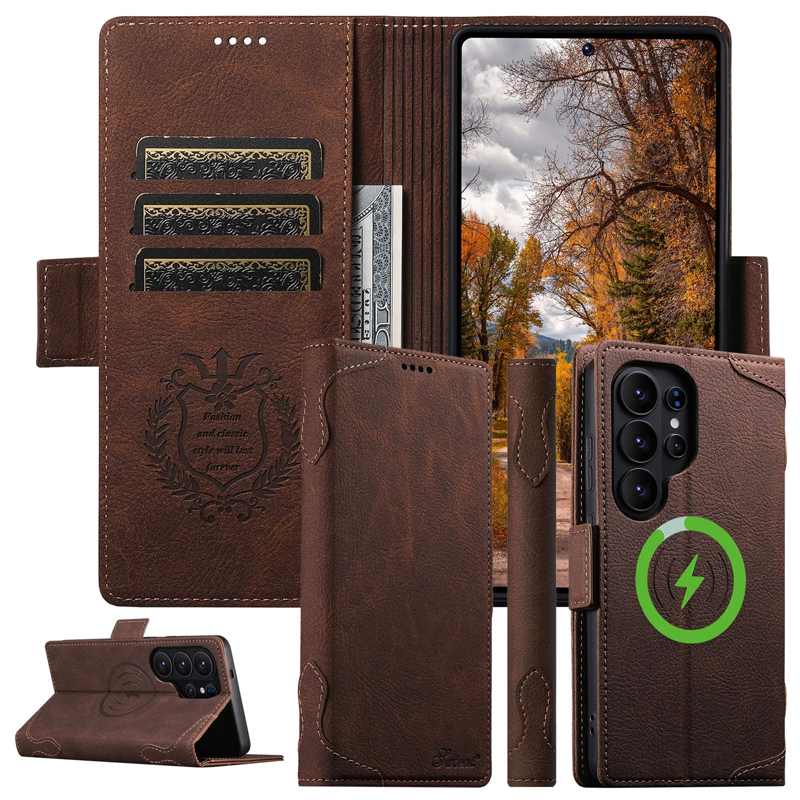 

Lychee Grain Magnetic Leather Wallet Cards Solt Phone Case for Samsung S26 S25 S24 S23 S22 Ultra Stand Wireless Charging Cover