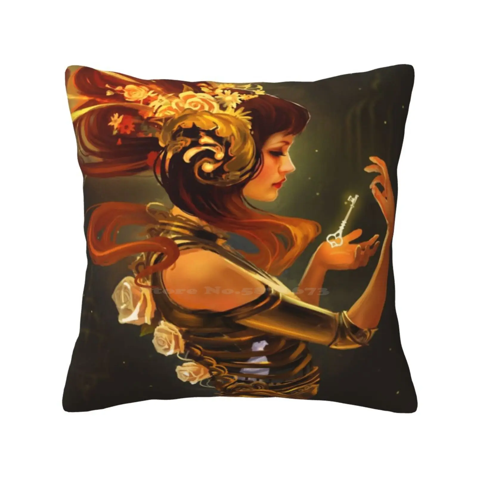 Key To Inner Self Pillow Cover Hug Pillowcase Bird Girl Steampunk Doll Painting Key Gold Brass Vintage Art Noveau