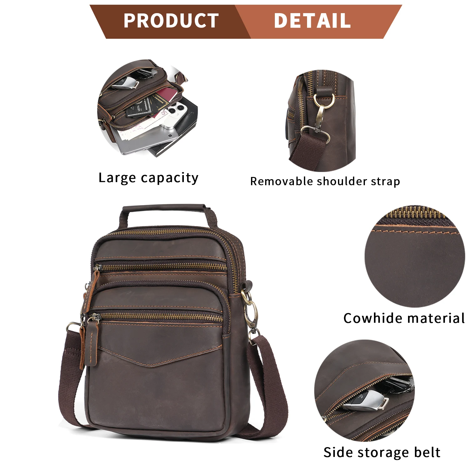 YATBEST Men's Crossbody Bag for Daily Travel Waterproof Large Capacity Leather Fashion Single Shoulder Handbag
