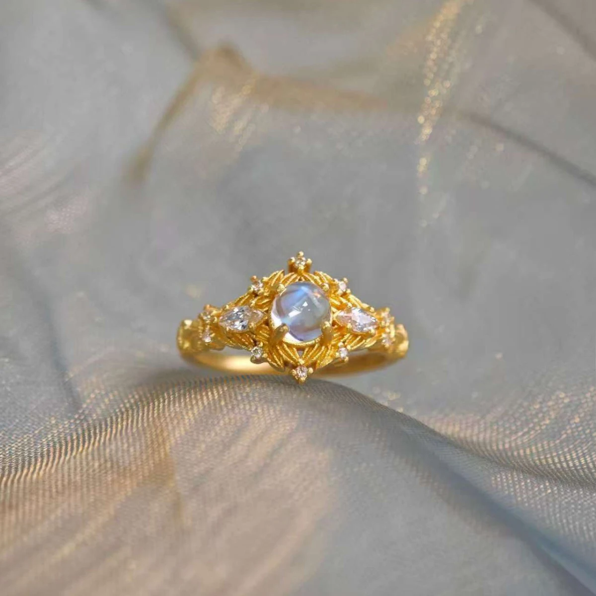 Inspiration Design inlay Diamond Colored Moonstone  rings for women Exquisite and High end Dreamy Ring Wedding Jewelry Gift