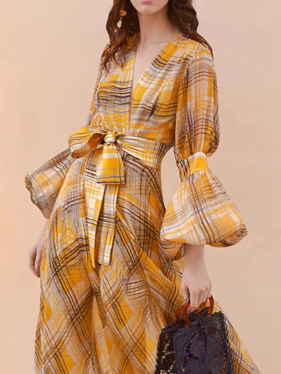 VGH French Retro Style Yellow Plaid Maxi Dress for Women V Neck Lantern Sleeve Patchwork Bow Temperament Spring Dresses Female