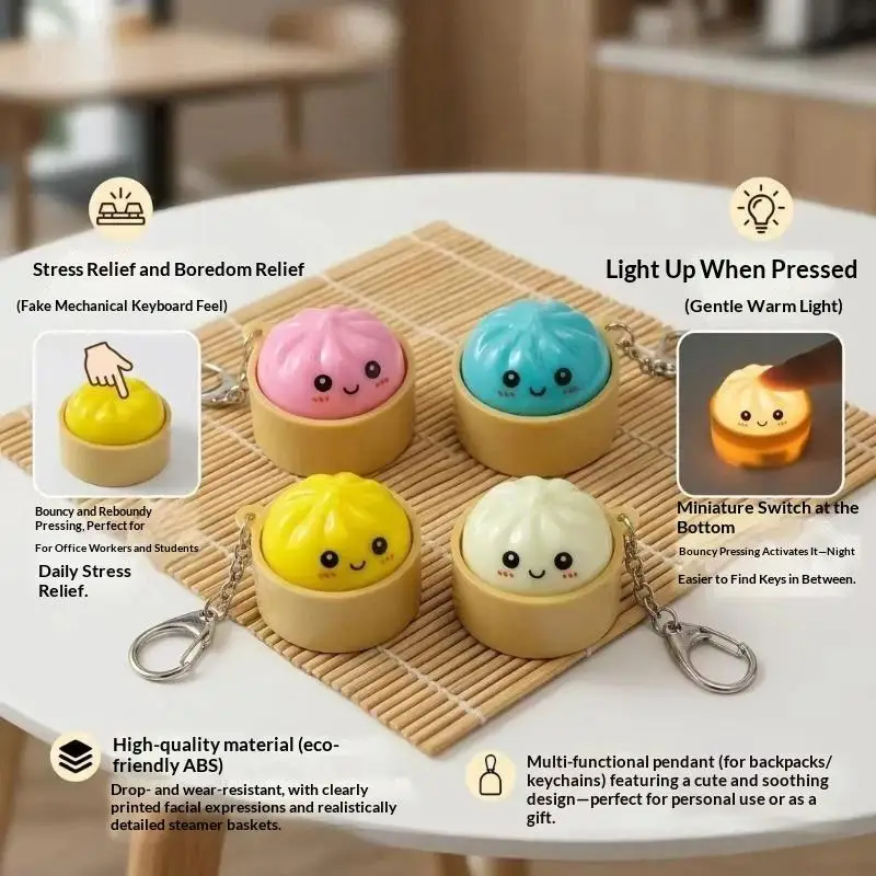 Kawaii Squeeze Dumpling Glow Keychain 1Pcs Cute Bao Night Light Pendant Portable Key Ring for Backpack Decor Kids Gift