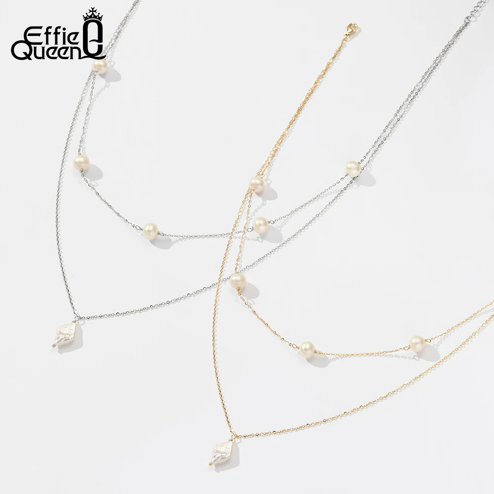 EFFIE QUEEN 14K Gold Double Layered Necklace Elegant 925 Sterling Silver Natural Pearl Necklace Party Jewelry for Women BQN14