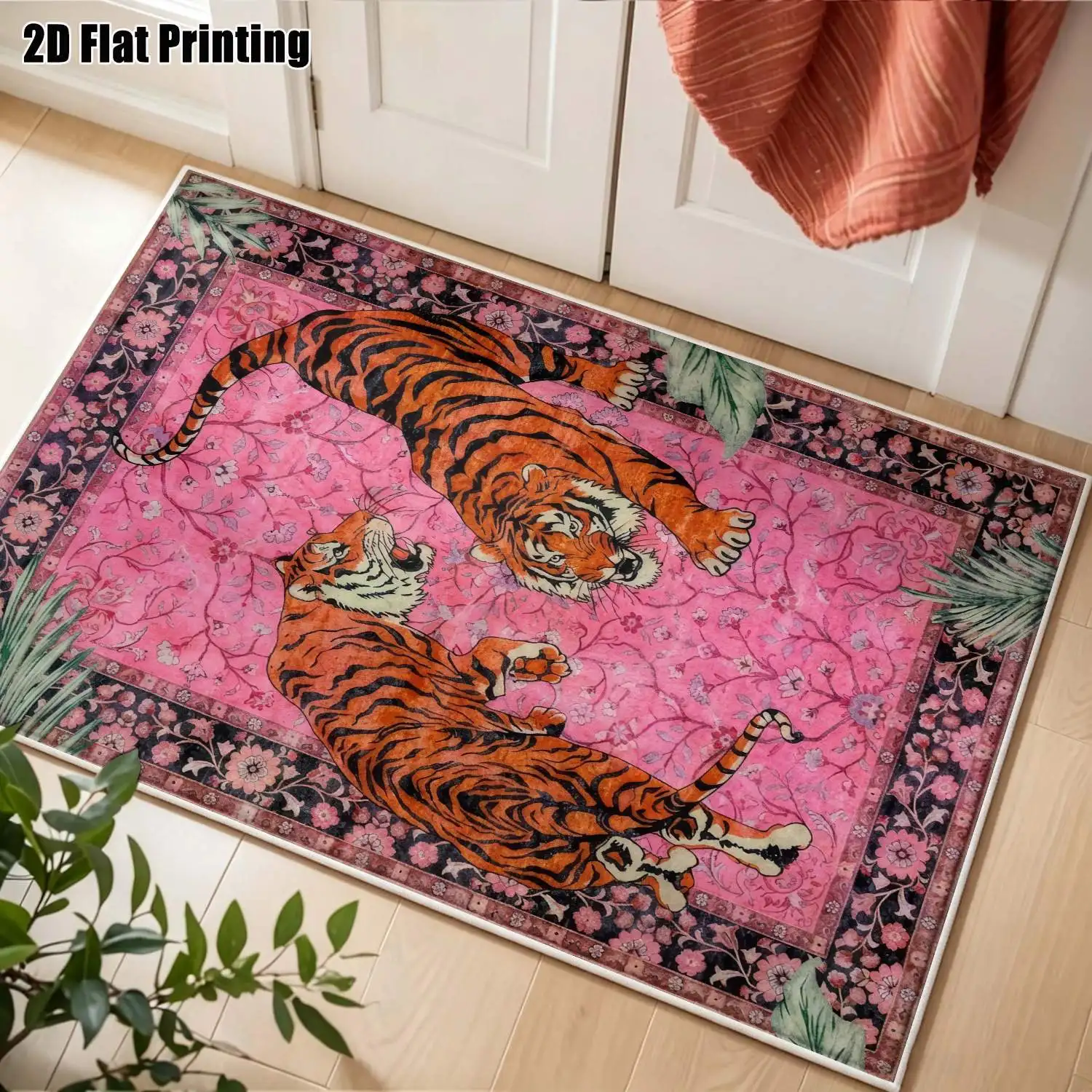 1Pc 2D Printed Pink Tiger Velvet Carpet: European/Bohemian/Vintage Floral Style, Multi-Size, Machine Washable, for Home Decor, Entryway/Dining Room/Bedroom/Living Room Use